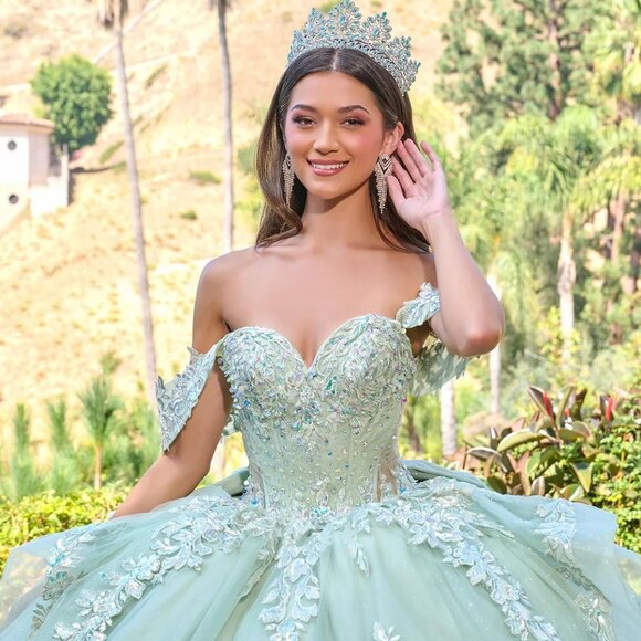 New Sage Tulle Ceremonial Gown w/ Sequins Embroidery & Layered Skirt GL3815 - Picture 5 of 15